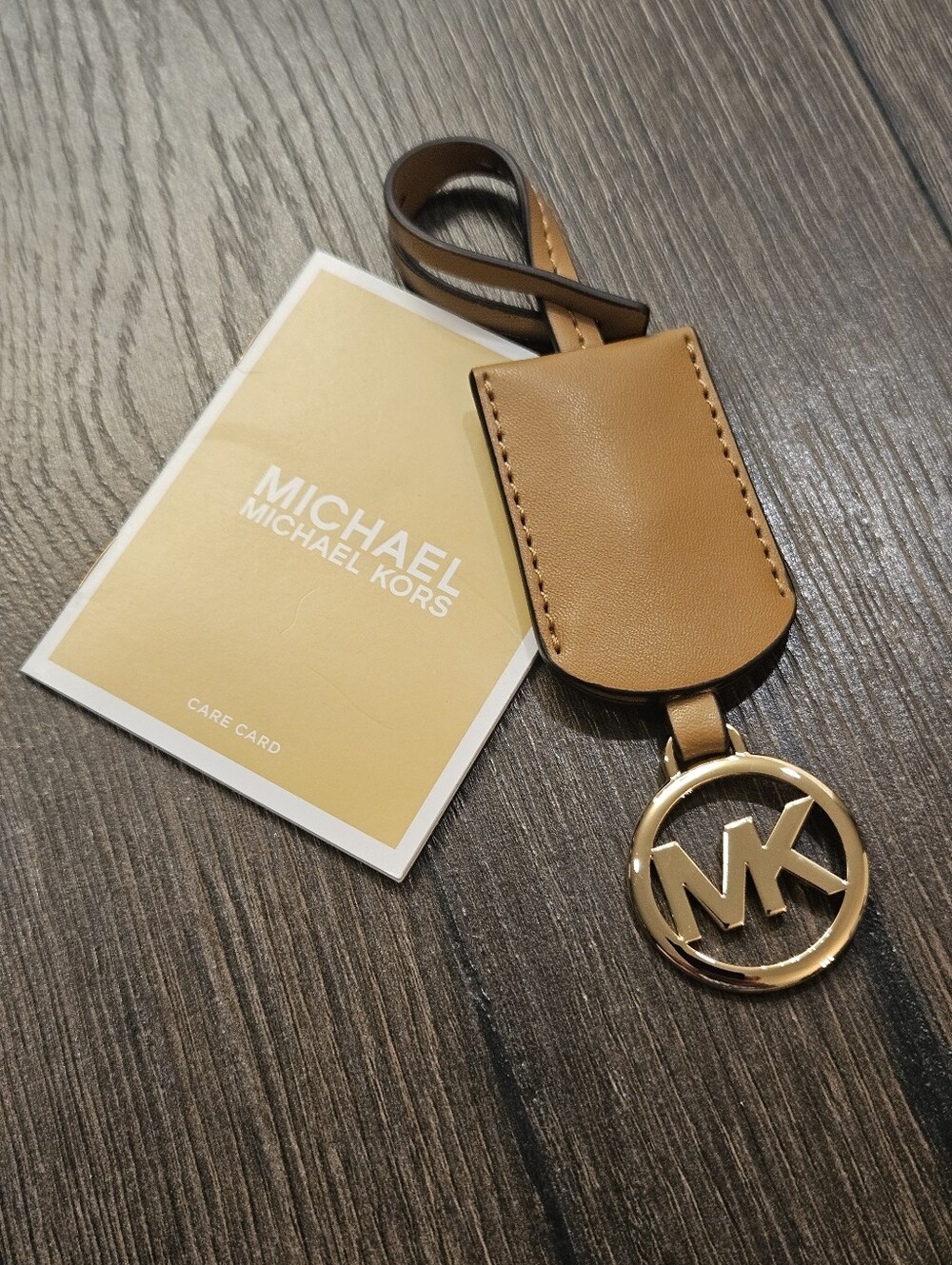 NEW Michael Kors MK Logo Leather Mirella Bag Charm Keychain Tan Gold